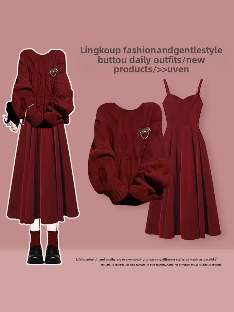 Stunning Christmas Red Knitted Sweater And Slimming Dress Two-Piece Set for Women Autumn Winter Vintage Style Fitted Waist
Stunning Christmas Red Knitted Sweater And Slimming Dress Two-Piece Set for Women Autumn Winter Vintage Style Fitted Waist