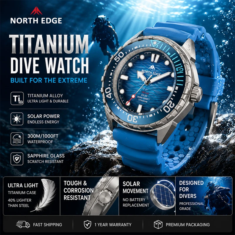 NORTH EDGE TRITON-TI Titanium Solar-Powered Diving Watch High Quality Quartz Watches for Man NEW 300M Waterproof Men Watch Reloj
NORTH EDGE TRITON-TI Titanium Solar-Powered Diving Watch High Quality Quartz Watches for Man NEW 300M Waterproof Men Watch Reloj