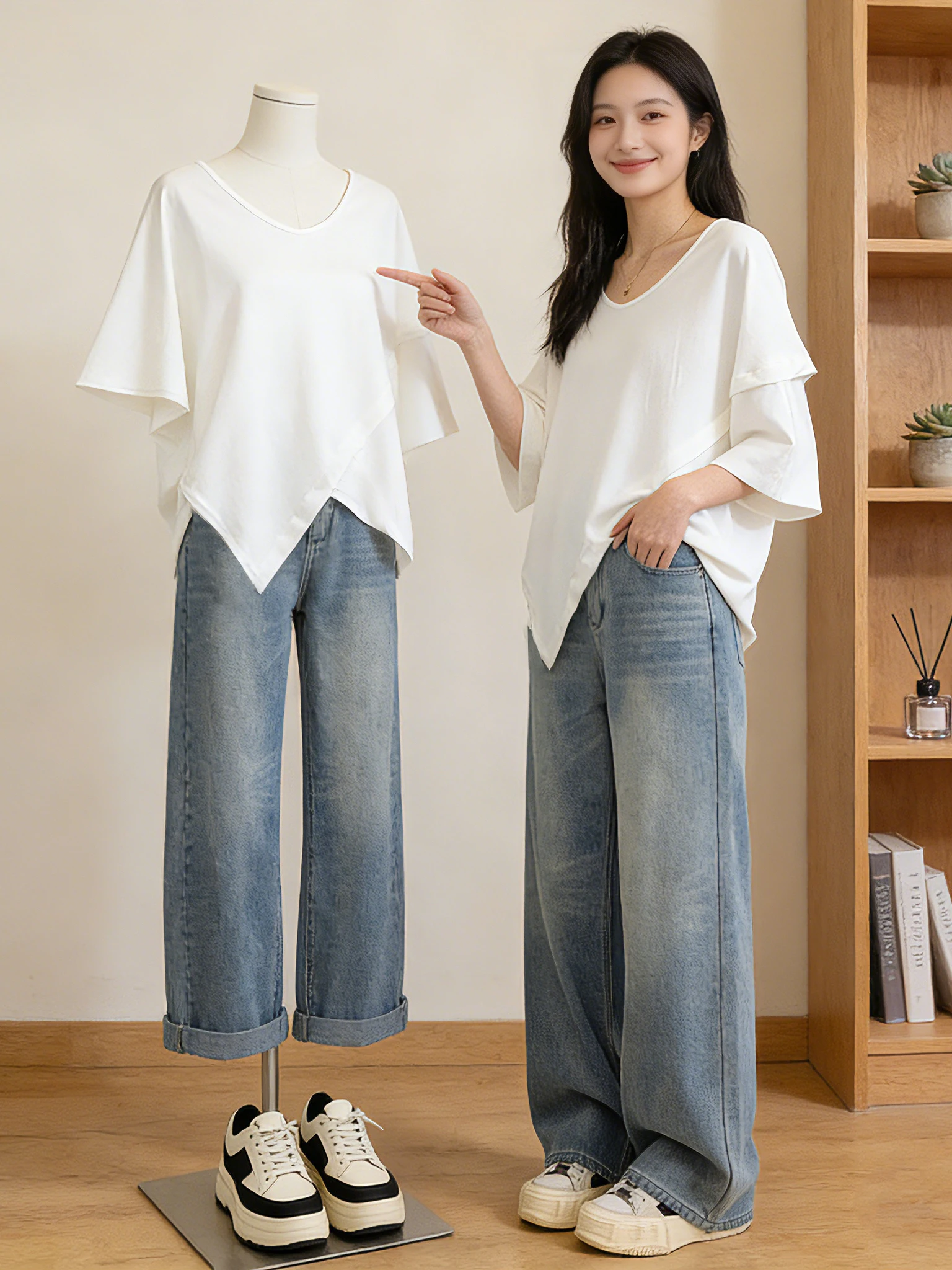 White V-Neck Short Sleeve T-Shirt Women's Loose Fit Asymmetrical Design plus Size Spring Summer New Style Korean Style Commute
White V-Neck Short Sleeve T-Shirt Women's Loose Fit Asymmetrical Design plus Size Spring Summer New Style Korean Style Commute