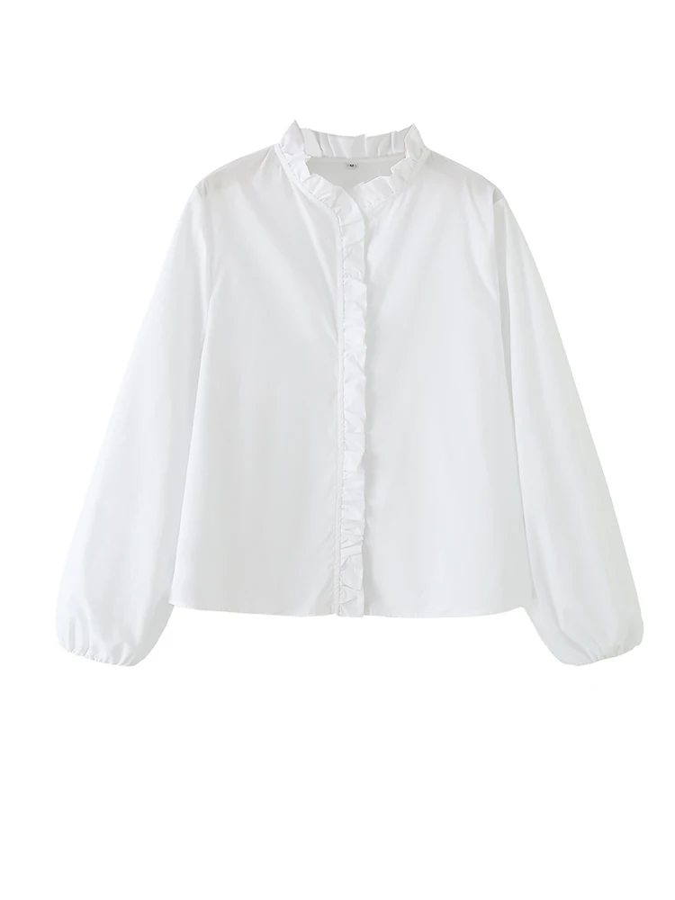 Женская белая блузка с рюшами, длинными рукавами, воротником-стойкой и застежкой на пуговицах, повседневная рубашка
Женская белая блузка с рюшами, длинными рукавами, воротником-стойкой и застежкой на пуговицах, повседневная рубашка