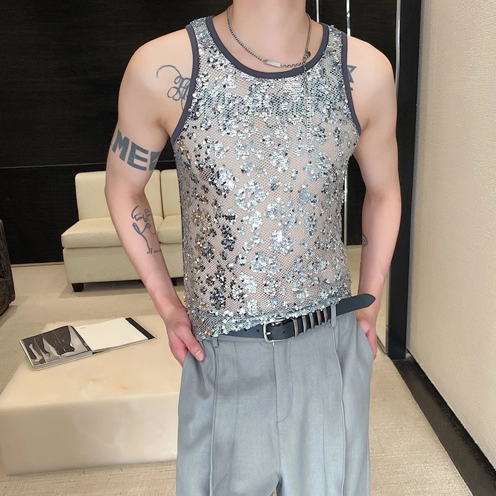 Mens Vest Sequin Performance Casual Tank Top Spring Streetwear Fashion Youth Campus Stage Vest Old Money Men'S Clothing 2025 New
Mens Vest Sequin Performance Casual Tank Top Spring Streetwear Fashion Youth Campus Stage Vest Old Money Men'S Clothing 2025 New