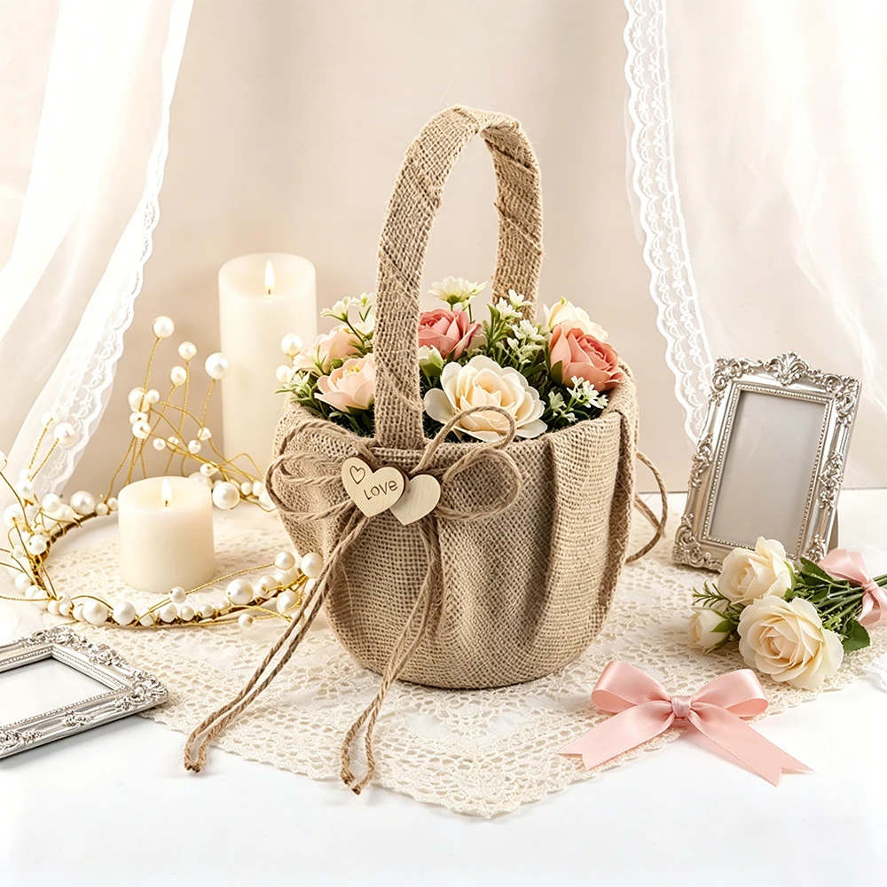 Vintage Burlap Flower Basket with Handle, Perfect for Weddings, Parties, Home Decor, Garden Party
Vintage Burlap Flower Basket with Handle, Perfect for Weddings, Parties, Home Decor, Garden Party