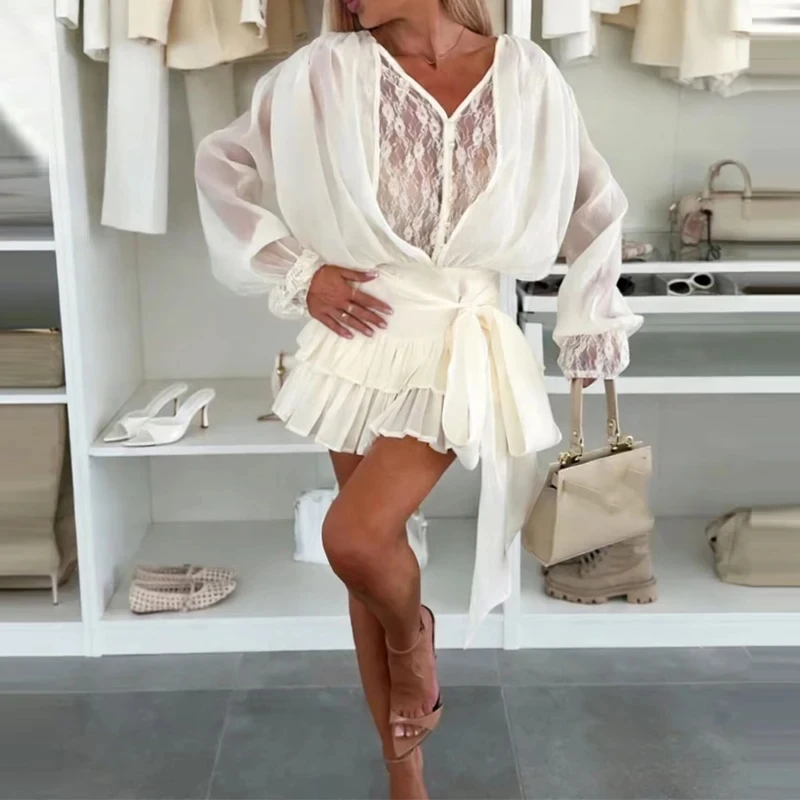 Elegant Long Sleeve Ruffles Party Dresses Fashion Lace Spliced Mesh Mini Dress Spring Summer New Solid Color Hollow Out Dresses
Elegant Long Sleeve Ruffles Party Dresses Fashion Lace Spliced Mesh Mini Dress Spring Summer New Solid Color Hollow Out Dresses