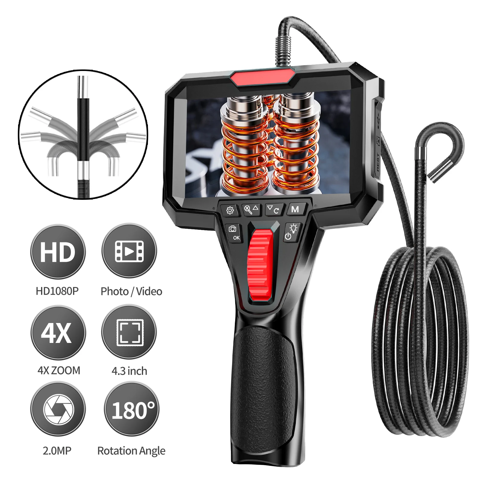 4.3 inch Two-Way Articulating Borescope with Light 6.2mm Articulated Snake Camera 2MP Endoscope Inspection Camera For Pipe Car 
4.3 inch Two-Way Articulating Borescope with Light 6.2mm Articulated Snake Camera 2MP Endoscope Inspection Camera For Pipe Car