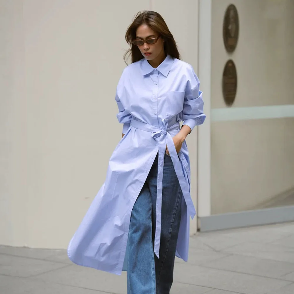 Women's Cotton Long Shirt Blue Sun Protection Shirt Lapel Loose Fit Belt Design Long Sleeve Shirts Dress Fashion Tops
Women's Cotton Long Shirt Blue Sun Protection Shirt Lapel Loose Fit Belt Design Long Sleeve Shirts Dress Fashion Tops