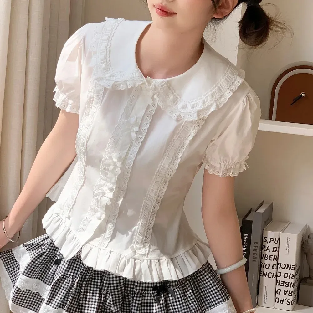 Japanese Sweet Lolita Shirt Women Cute Bow Slim Blouses Peter Pan Collar Lace Ruffles Jk Shirts Long Sleeve Blusas Mujer Tops
Japanese Sweet Lolita Shirt Women Cute Bow Slim Blouses Peter Pan Collar Lace Ruffles Jk Shirts Long Sleeve Blusas Mujer Tops