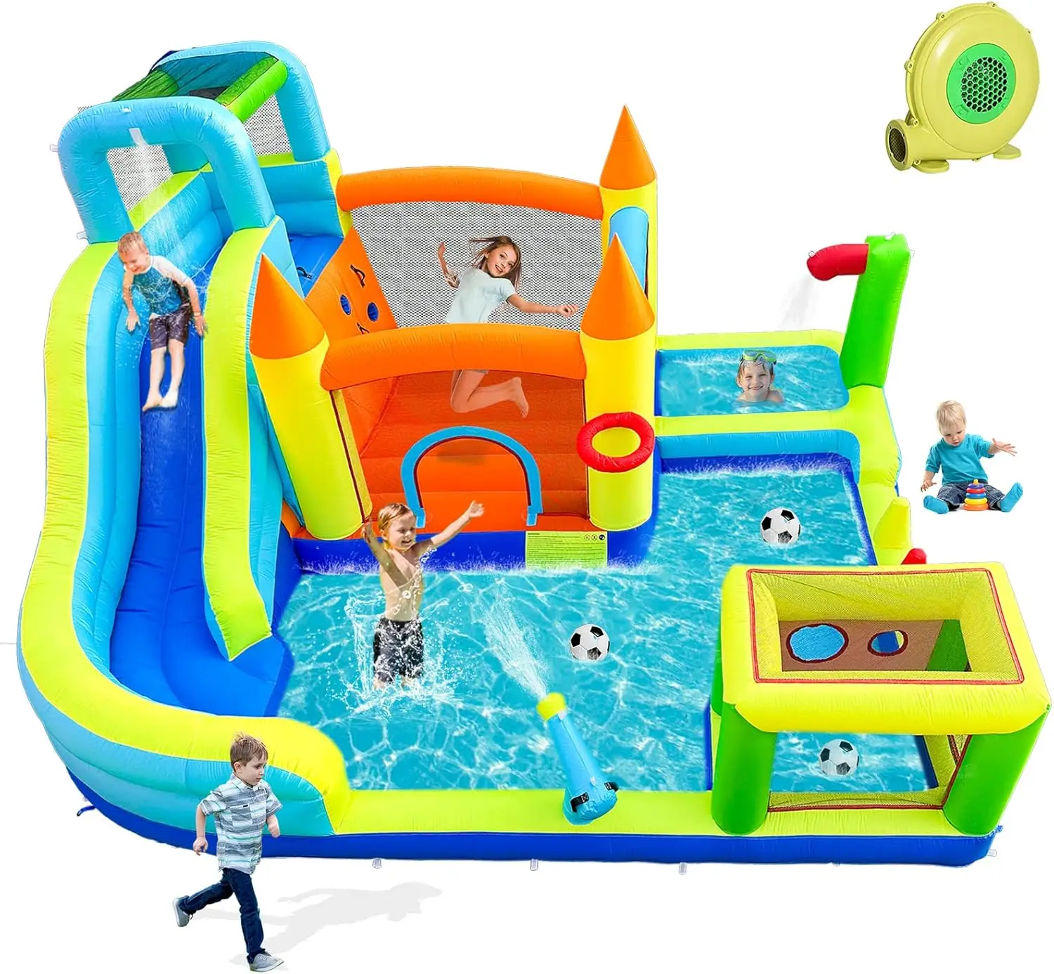 For Kids Backyard Inflatable Water Slide Park with Bouncy Castle, Climbing Wall, Jumping Area, Water Gun, Splash Pool, and Basketball Hoop - Includes Air Blower for Outdoor Party Fun
For Kids Backyard Inflatable Water Slide Park with Bouncy Castle, Climbing Wall, Jumping Area, Water Gun, Splash Pool, and Basketball Hoop - Includes Air Blower for Outdoor Party Fun