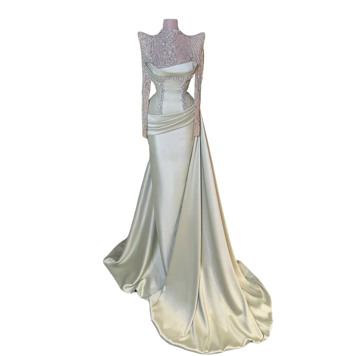 Lace Satin Evening Dress Train Pale Green Rhinestone Mermaid Gown With Padded Shoulders Long Sleeves Luxury Party Dress
Lace Satin Evening Dress Train Pale Green Rhinestone Mermaid Gown With Padded Shoulders Long Sleeves Luxury Party Dress