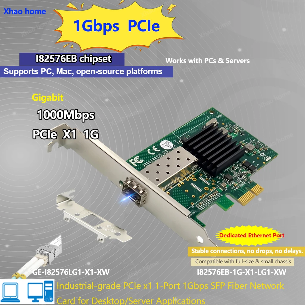 PCI-E x1 Gigabit Fiber Server NIC for Intel I82576EB Chip LC Single/Multi Mode SFP, Wake-on-LAN, Plug & Play Desktop
PCI-E x1 Gigabit Fiber Server NIC for Intel I82576EB Chip LC Single/Multi Mode SFP, Wake-on-LAN, Plug & Play Desktop