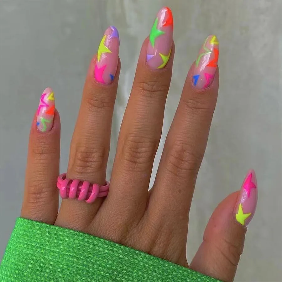24Pcs Mid-length Almond Full Cover Nails Tips Colorful Star with Design Fake Nails Art Detachable Finished Press on False Nails
24Pcs Mid-length Almond Full Cover Nails Tips Colorful Star with Design Fake Nails Art Detachable Finished Press on False Nails