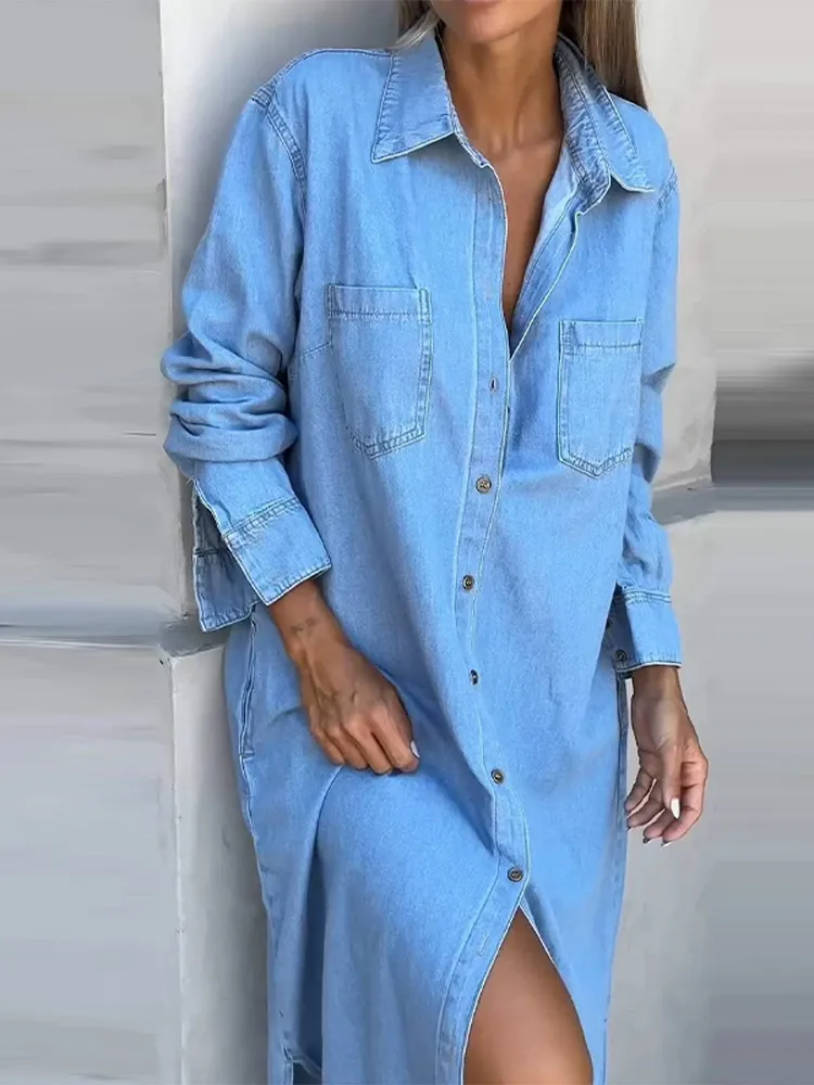 Vintage Solid Woman's Denim Midi Dress Baggy Single-breasted Lapel Jeans Outwear Casual Fashion Chic Elegant Denim Long Skirts
Vintage Solid Woman's Denim Midi Dress Baggy Single-breasted Lapel Jeans Outwear Casual Fashion Chic Elegant Denim Long Skirts