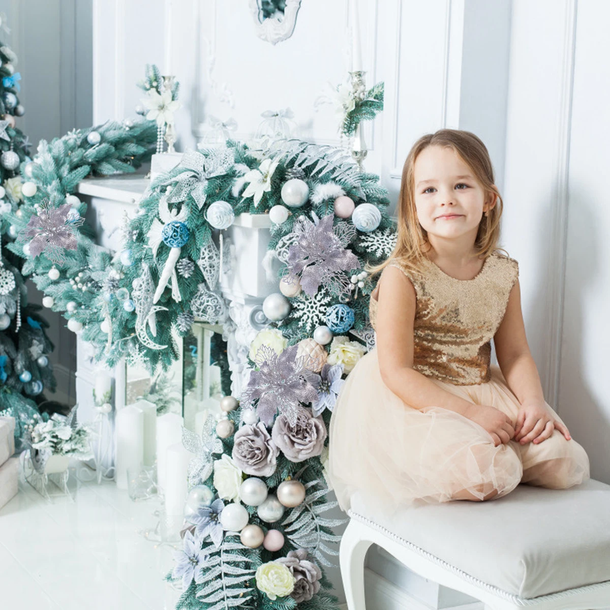 12Pcs Glitter Poinsettia Flowers Christmas Tree Hanging Pendants Hollow Artificial Silver Xmas Ornaments Holiday Decorations
12Pcs Glitter Poinsettia Flowers Christmas Tree Hanging Pendants Hollow Artificial Silver Xmas Ornaments Holiday Decorations