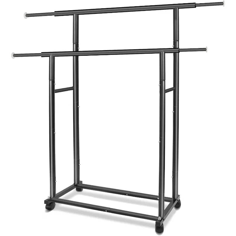 Black Simple Standard 2 Double Rod Clothing Metal Garment Rack for Hanging Clothes, Rolling Clothes Organizer with Mobile
Black Simple Standard 2 Double Rod Clothing Metal Garment Rack for Hanging Clothes, Rolling Clothes Organizer with Mobile