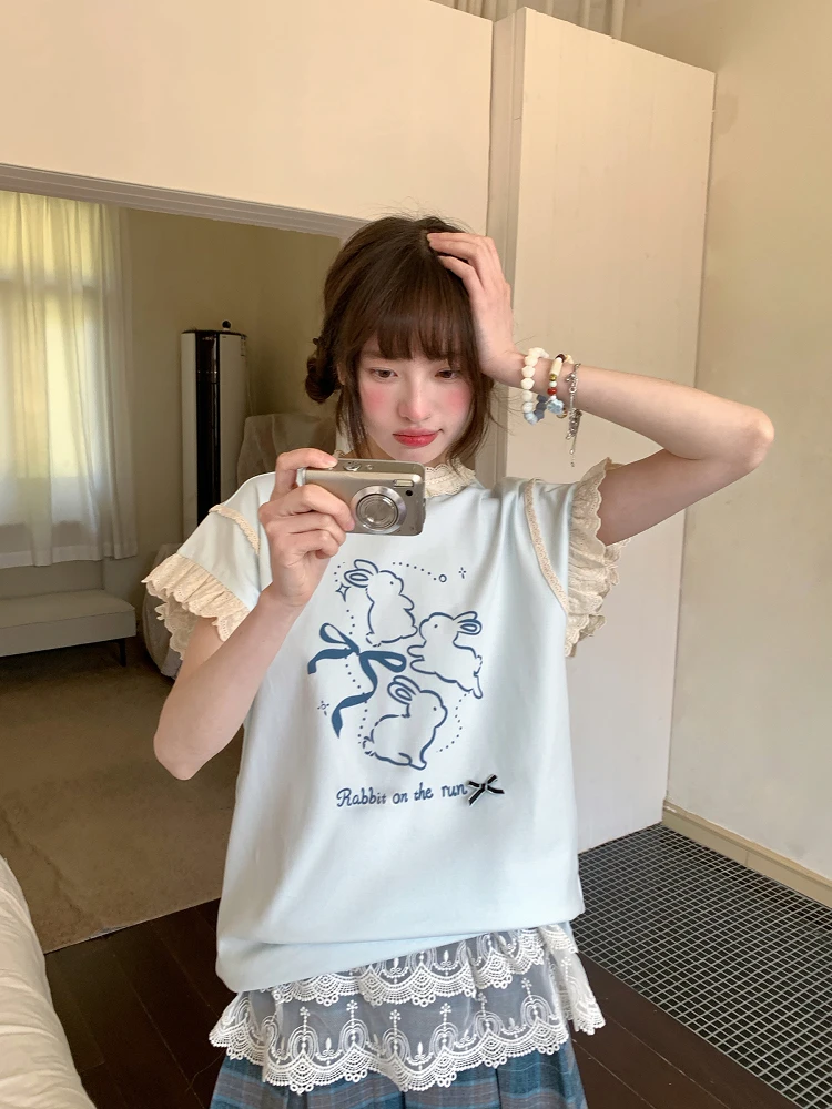 Summer Lace Trim Loose Fit Women's T-Shirt Set Sweet Blue Cheese Day Short Sleeve round Neck Cotton Top Ensemble
Summer Lace Trim Loose Fit Women's T-Shirt Set Sweet Blue Cheese Day Short Sleeve round Neck Cotton Top Ensemble
