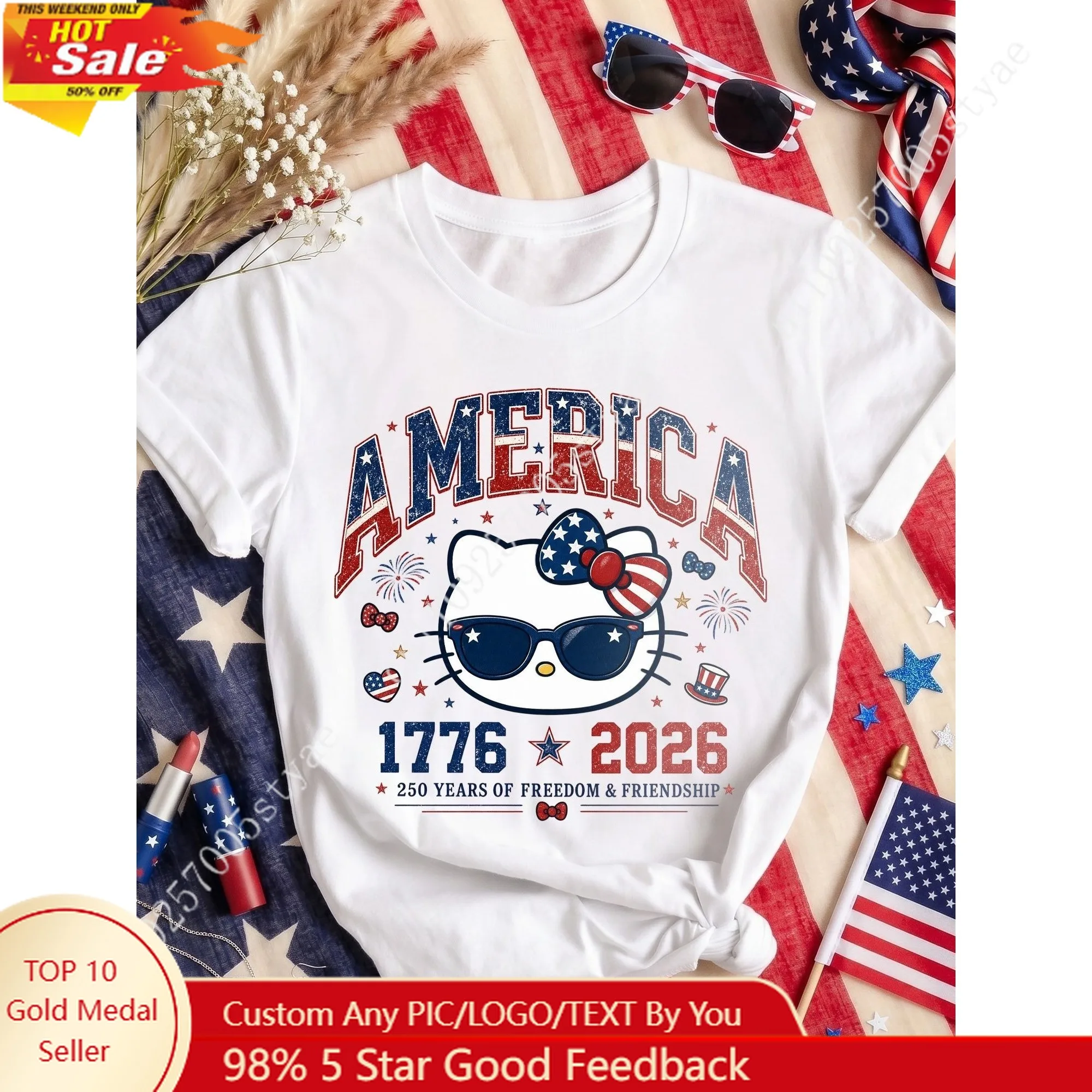 Sanrio Hello Kitty Women's T-Shirt Vintage USA Lettering Hello Kitty in Patriotic Fashion Glasses Bow Crew Neck Casual
Sanrio Hello Kitty Women's T-Shirt Vintage USA Lettering Hello Kitty in Patriotic Fashion Glasses Bow Crew Neck Casual