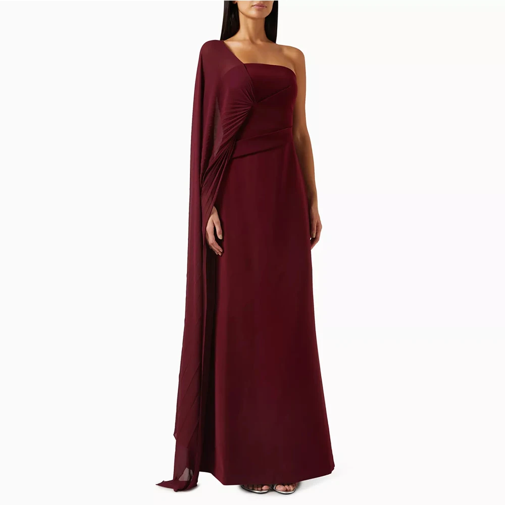 Custom Maxi Evening Dresses with One Shoulder Strapless Burgundy Floor Length Cocktail Gowns Pleated Party Dress with Cape
Custom Maxi Evening Dresses with One Shoulder Strapless Burgundy Floor Length Cocktail Gowns Pleated Party Dress with Cape