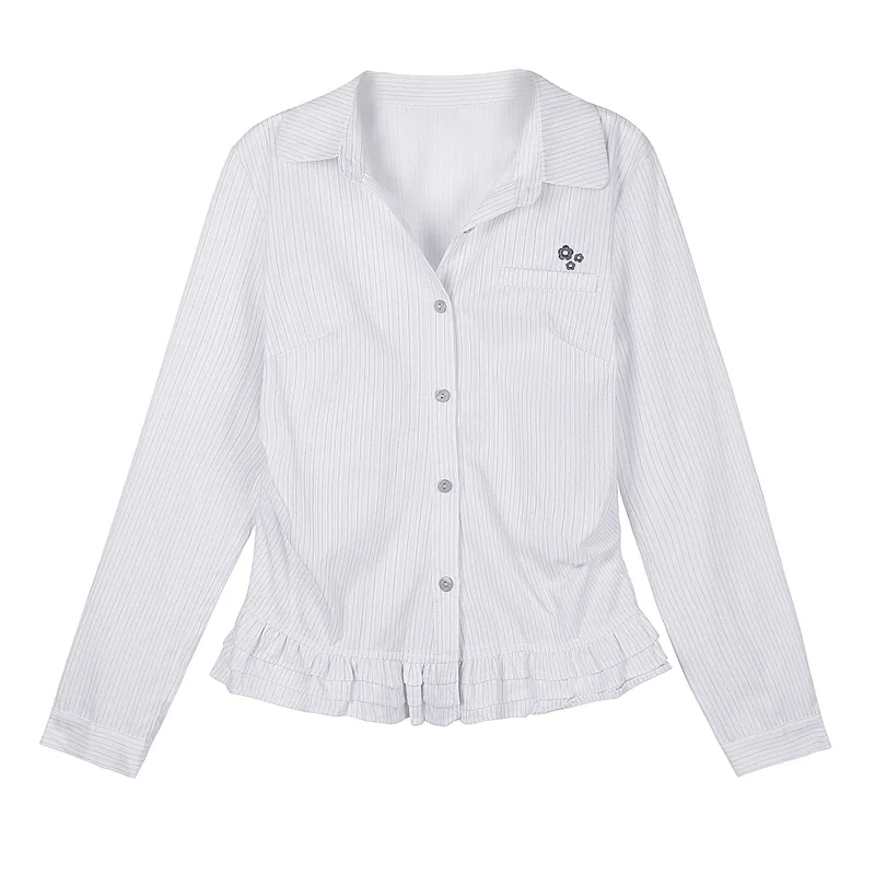 Women Striped Button Down Shirt Floral Embroidery Ruffle Hem Long Sleeve Blouse
Women Striped Button Down Shirt Floral Embroidery Ruffle Hem Long Sleeve Blouse