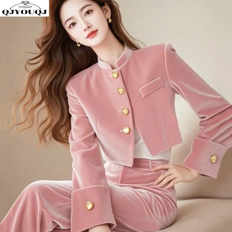 Autumn and winter Korean version new fashionable slim fit pink velvet jacket+wide leg pants set for women
Autumn and winter Korean version new fashionable slim fit pink velvet jacket+wide leg pants set for women