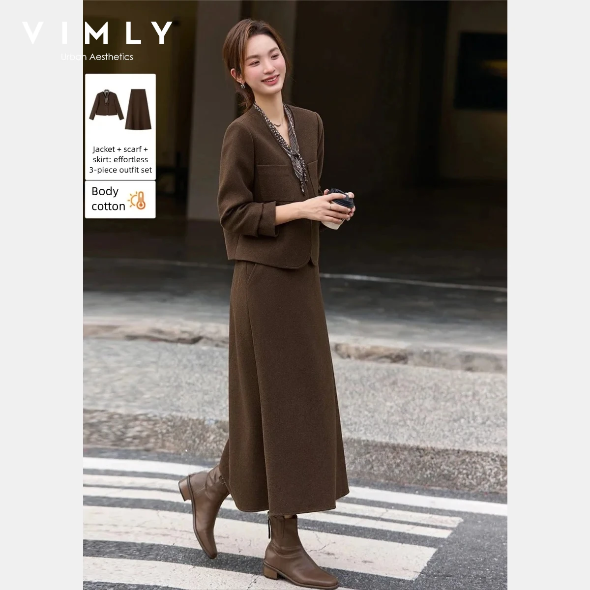 VIMLY Two Piece Set for Women 2025 Winter Solid V Neck Long Sleeve Coat with Scarf A Line Midi Skirt Elegant Women's Suit A3111
VIMLY Two Piece Set for Women 2025 Winter Solid V Neck Long Sleeve Coat with Scarf A Line Midi Skirt Elegant Women's Suit A3111