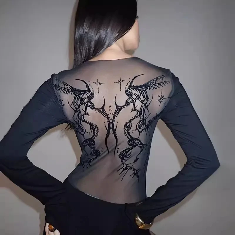 Women's Y2K retro streetwear pattern printed gothic punk slim fit sexy transparent mesh see through long sleeved top T-shirt
Women's Y2K retro streetwear pattern printed gothic punk slim fit sexy transparent mesh see through long sleeved top T-shirt