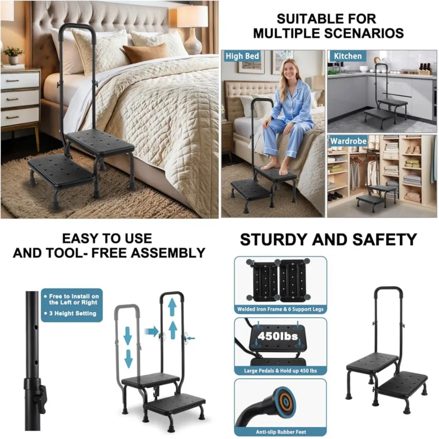 2 Step Stool with Handle for Elderly - Bed Steps for High Beds with Adjustable Handrail andNon-Slip Platform, Holds up to 450 l
2 Step Stool with Handle for Elderly - Bed Steps for High Beds with Adjustable Handrail andNon-Slip Platform, Holds up to 450 l