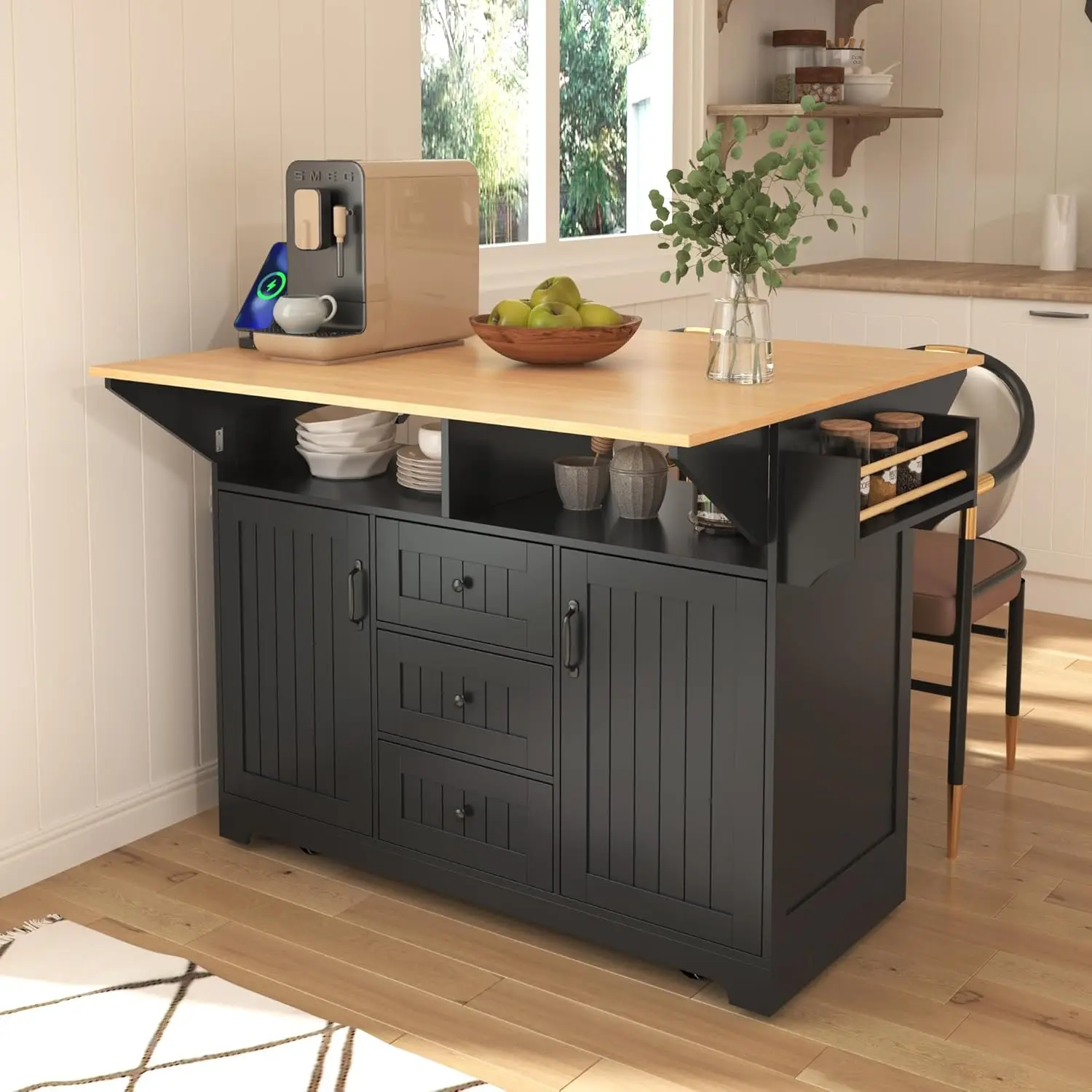 Kitchen Island On Wheels with Power Outlets, Rolling Kitchen Island Cart with Drop Leaf Countertop, Barn Door Kitchen Island Tab
Kitchen Island On Wheels with Power Outlets, Rolling Kitchen Island Cart with Drop Leaf Countertop, Barn Door Kitchen Island Tab