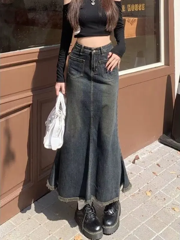 Retro American Denim Fish Tail Half Skirt Women's Spring New High Waist Slimming Hip Covering A-Line Wrap Long Skirt
Retro American Denim Fish Tail Half Skirt Women's Spring New High Waist Slimming Hip Covering A-Line Wrap Long Skirt