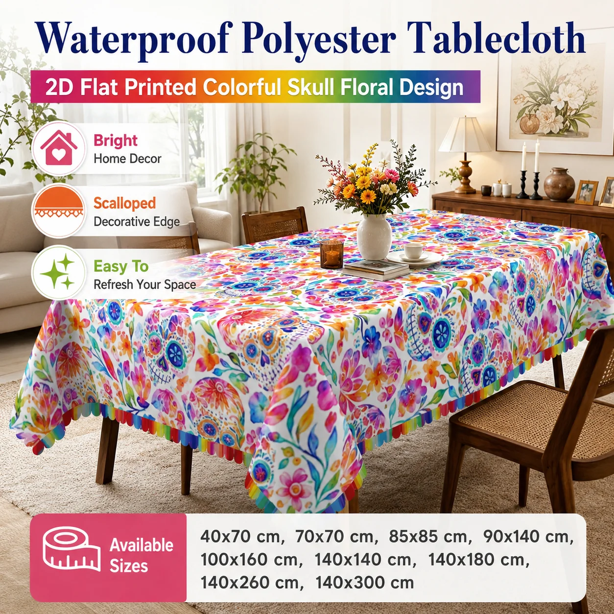 Colorful Skull Pattern Table Cover Waterproof Polyester 2D Flat Printed Easy Clean Tablecloth For Indoor Outdoor Dining
Colorful Skull Pattern Table Cover Waterproof Polyester 2D Flat Printed Easy Clean Tablecloth For Indoor Outdoor Dining