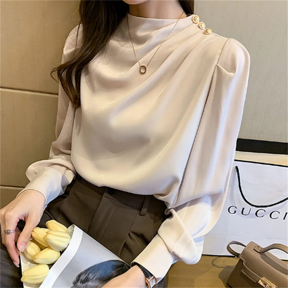 Elegant standing collar pleated lantern sleeves fashion long-sleeved blouse loose ladies' shirt
Elegant standing collar pleated lantern sleeves fashion long-sleeved blouse loose ladies' shirt