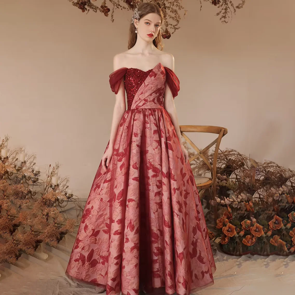 New Arrival Evening Dress Burgundy Prom Gowns Off the Shoulder Lace-up Back Party Dress
New Arrival Evening Dress Burgundy Prom Gowns Off the Shoulder Lace-up Back Party Dress