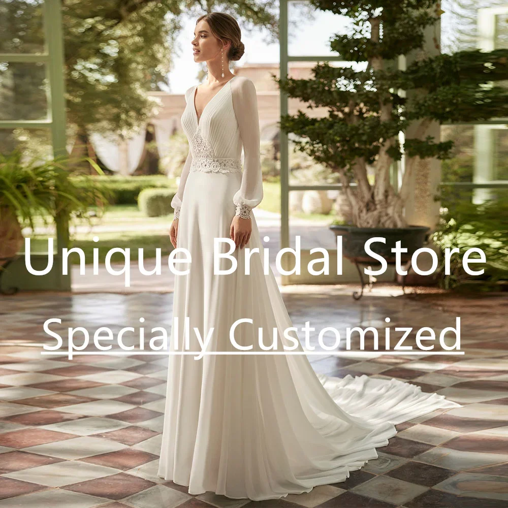 Customized Elegant Chiffon Bridal Gown Women's Lace A-Line Long Sleeve V-Neck Vintage Court Train Draped Wedding Dress For
Customized Elegant Chiffon Bridal Gown Women's Lace A-Line Long Sleeve V-Neck Vintage Court Train Draped Wedding Dress For