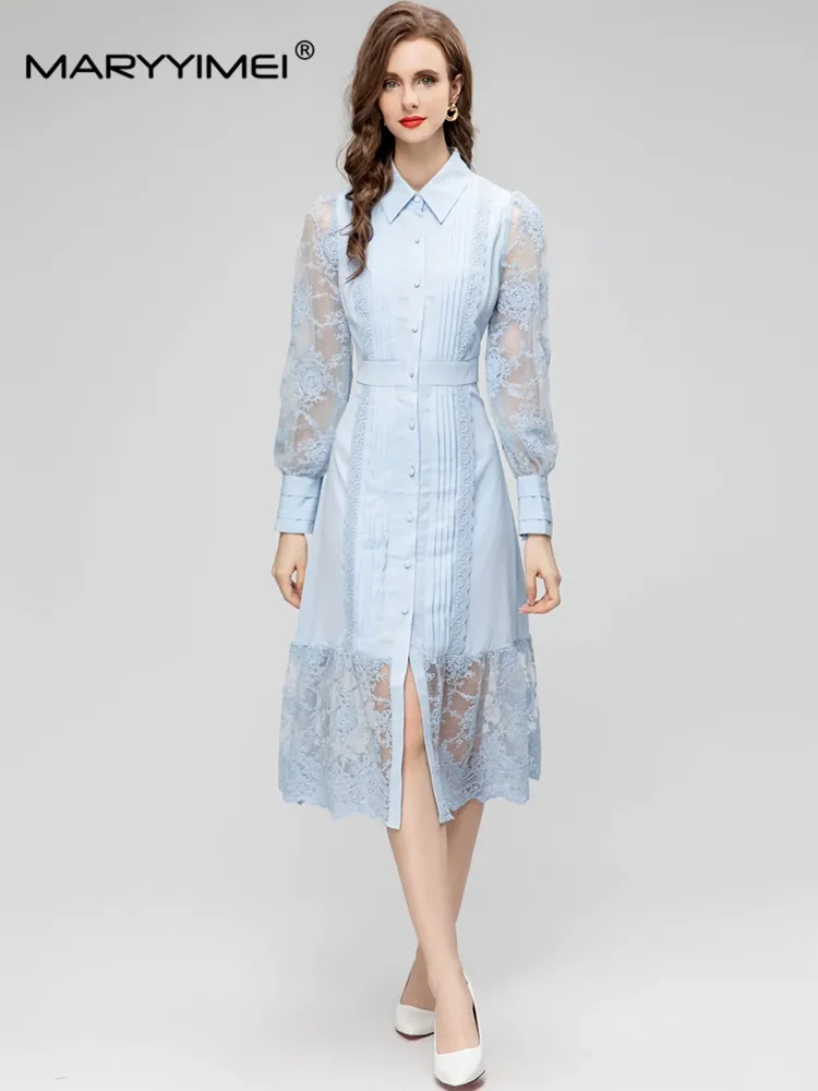 MARYYIMEI Fashion Autumn Women's dress Turn-down Collar Long sleeved Single breasted Ruched Patchwork Lace Slim Dresses
MARYYIMEI Fashion Autumn Women's dress Turn-down Collar Long sleeved Single breasted Ruched Patchwork Lace Slim Dresses