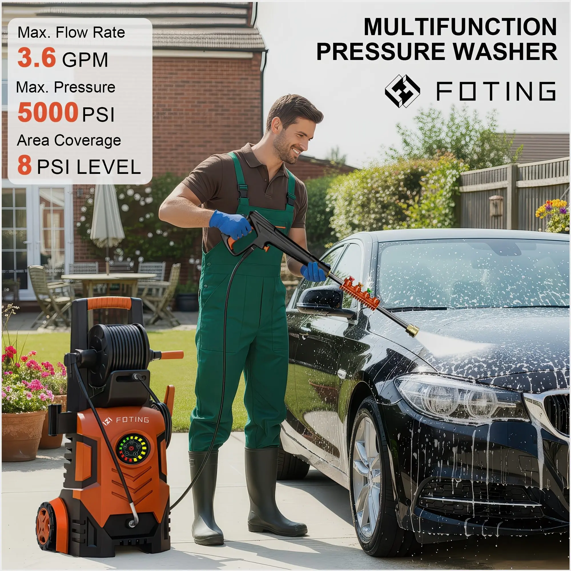 Upgraded 5000 PSI High-Pressure Washer with IPX5-Rated Touch Screen Control, Adjustable Settings & Ergonomic 34-Inch Height — Includes 4 Quick-Connect Nozzles (0°/15°/25°/40°), 5-Meter Inlet Hose with Filter, and 500ml Foam Cannon for Effective Cleaning o
Upgraded 5000 PSI High-Pressure Washer with IPX5-Rated Touch Screen Control, Adjustable Settings & Ergonomic 34-Inch Height — Includes 4 Quick-Connect Nozzles (0°/15°/25°/40°), 5-Meter Inlet Hose with Filter, and 500ml Foam Cannon for Effective Cleaning o