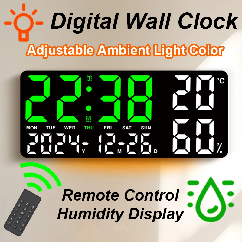Digital Wall Clock with Atmosphere Lights Remote Control TEMP Humidity Display LED Large Table Clock Multifunctional Alarm Clock
Digital Wall Clock with Atmosphere Lights Remote Control TEMP Humidity Display LED Large Table Clock Multifunctional Alarm Clock
