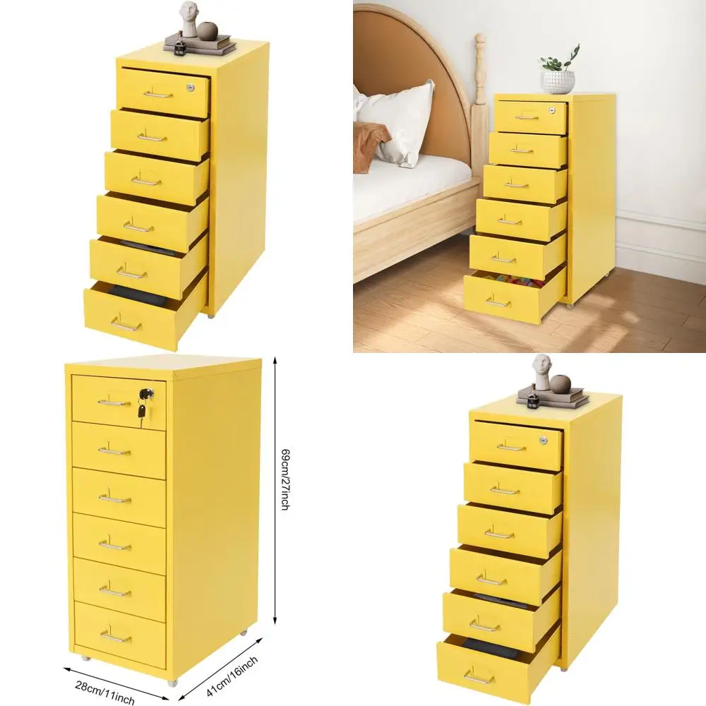 Yellow 6-Drawer Locking Metal File Cabinet with Wheels, Mobile Vertical Storage Trolley for Letter-Sized Documents, Includes Loc
Yellow 6-Drawer Locking Metal File Cabinet with Wheels, Mobile Vertical Storage Trolley for Letter-Sized Documents, Includes Loc