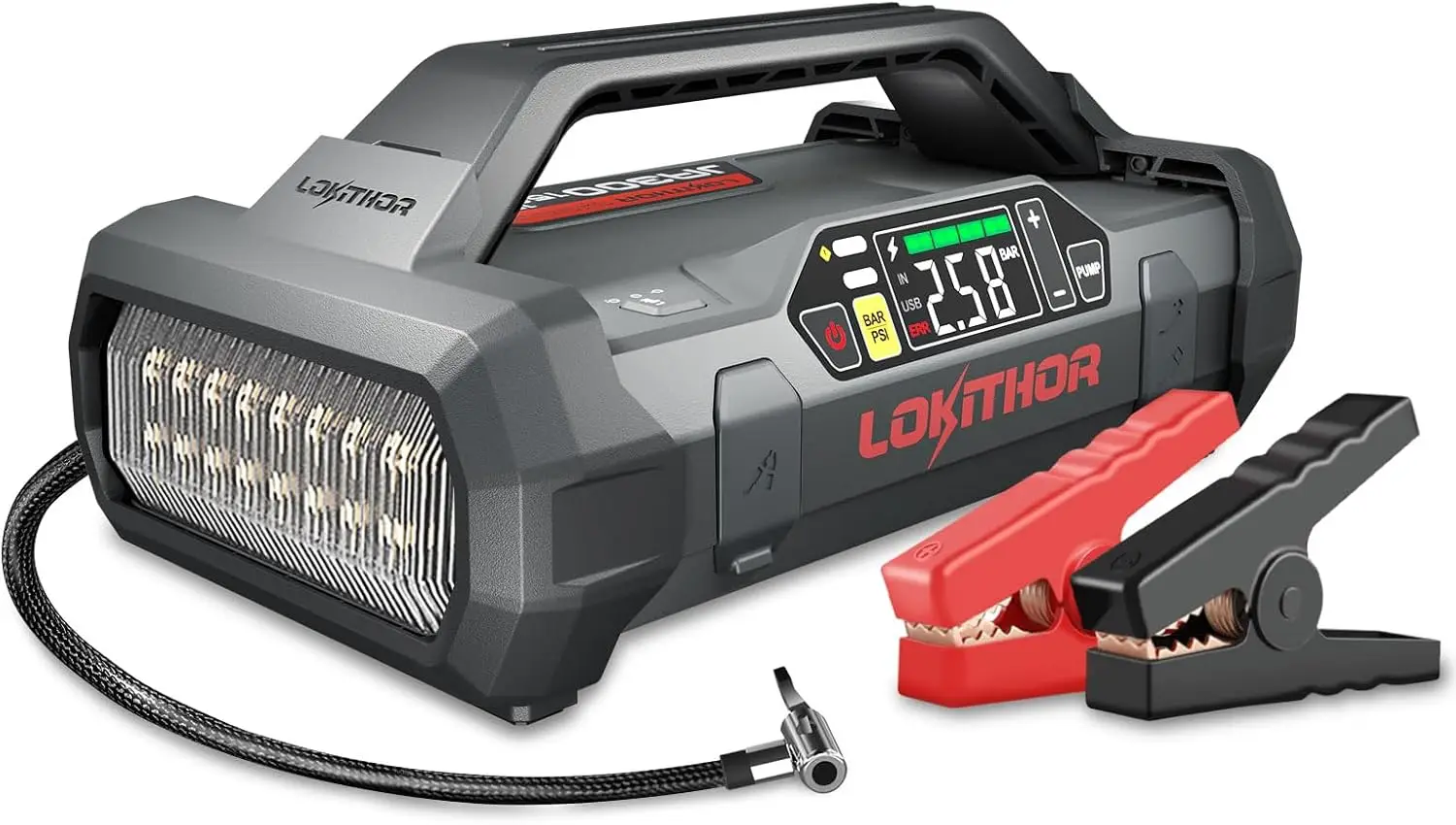1500A Jump Starter & 150 PSI Air Compressor, 12V Car Battery Booster Pack for 7.0L Gas/4.5L Diesel, 24-Month Standby, Digital Tire Inflator
1500A Jump Starter & 150 PSI Air Compressor, 12V Car Battery Booster Pack for 7.0L Gas/4.5L Diesel, 24-Month Standby, Digital Tire Inflator