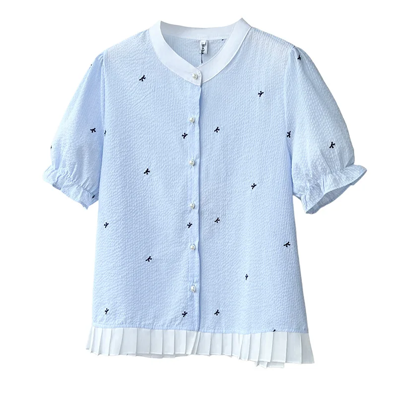 2026 Summer Plus Size Striped Stand Collar Short Sleeve Shirt Bow Embroidery Daily Blouse Curvy Ladies 68022
2026 Summer Plus Size Striped Stand Collar Short Sleeve Shirt Bow Embroidery Daily Blouse Curvy Ladies 68022