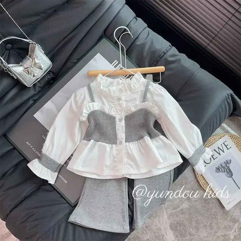 Kids Fake Two Piece Shirt Flare Pants Outfit Spring Autumn Girls Lace Blouse Korean Fashion Trendy Set 90-140cm
Kids Fake Two Piece Shirt Flare Pants Outfit Spring Autumn Girls Lace Blouse Korean Fashion Trendy Set 90-140cm