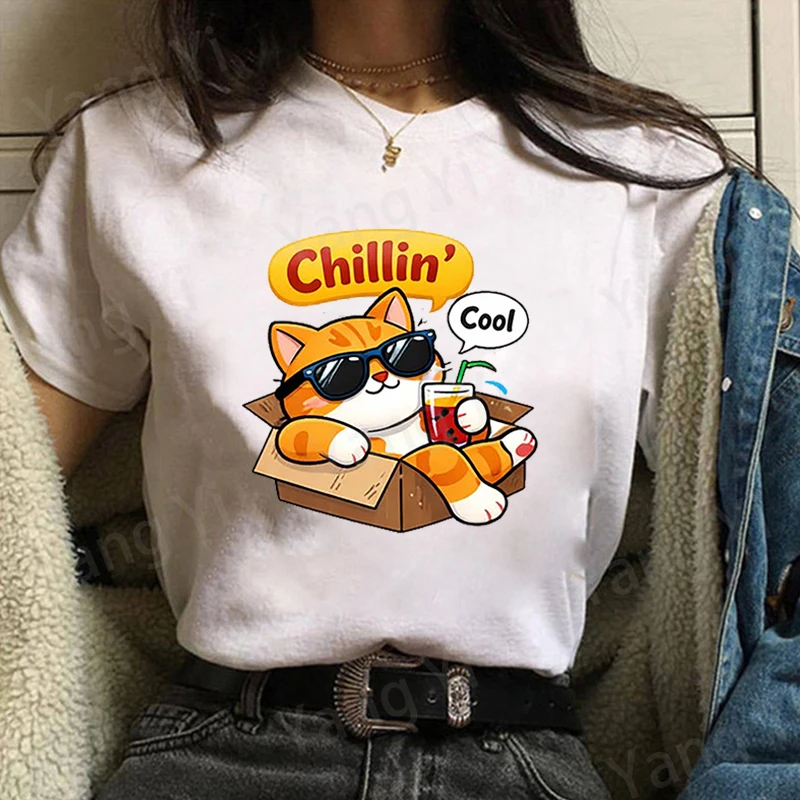 Cartoon Tabby Cat Print Tshirt Summer Fashion Casual Short Sleeve Round Neck Women/Mens Top Chillin Letter Print Pattern T-shirt
Cartoon Tabby Cat Print Tshirt Summer Fashion Casual Short Sleeve Round Neck Women/Mens Top Chillin Letter Print Pattern T-shirt