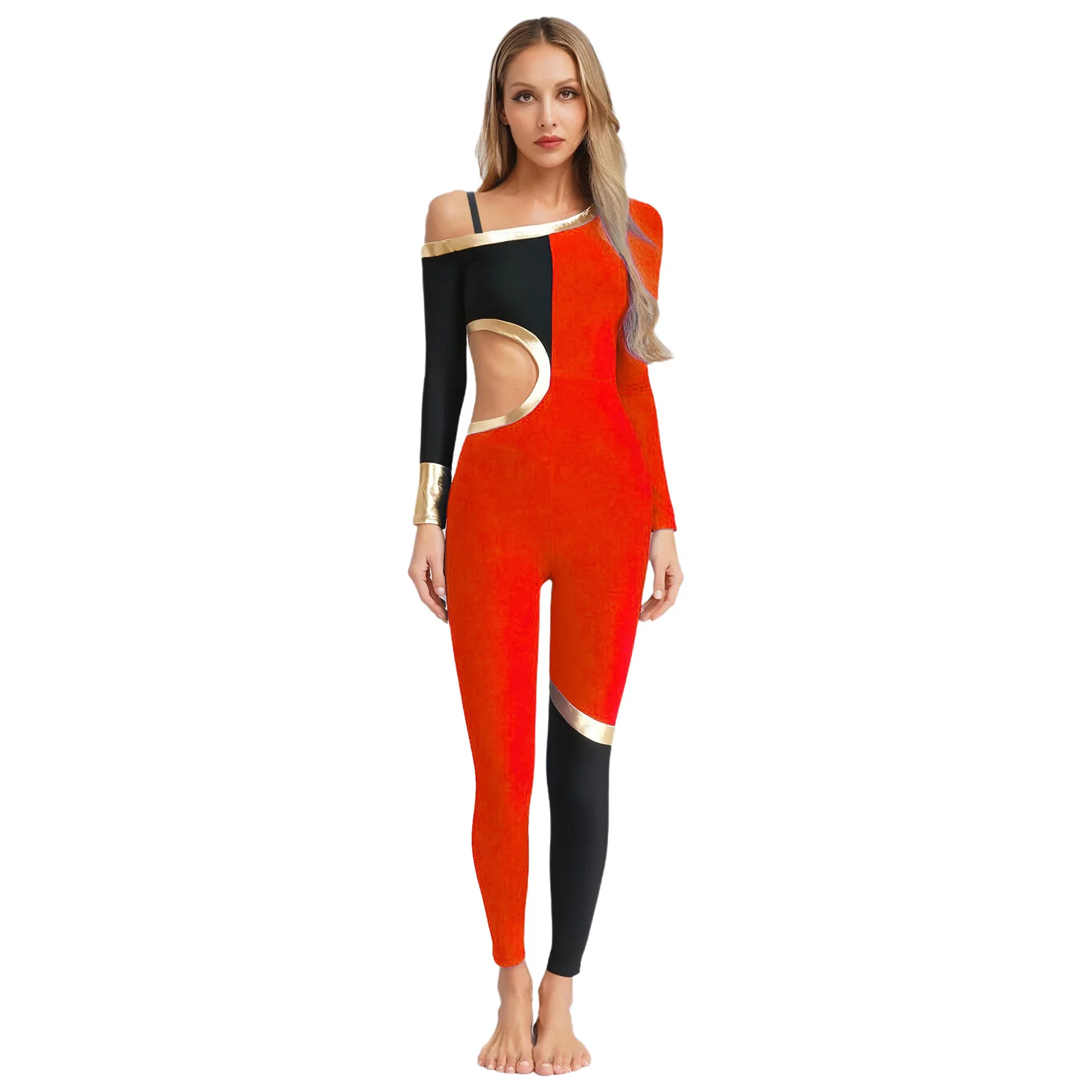 Women One Shoulder Adjustable Strap Dance Costume Long Sleeve Metallic Color Block Waist Cut Out Jumpsuit Yoga Dance Practice 
Women One Shoulder Adjustable Strap Dance Costume Long Sleeve Metallic Color Block Waist Cut Out Jumpsuit Yoga Dance Practice