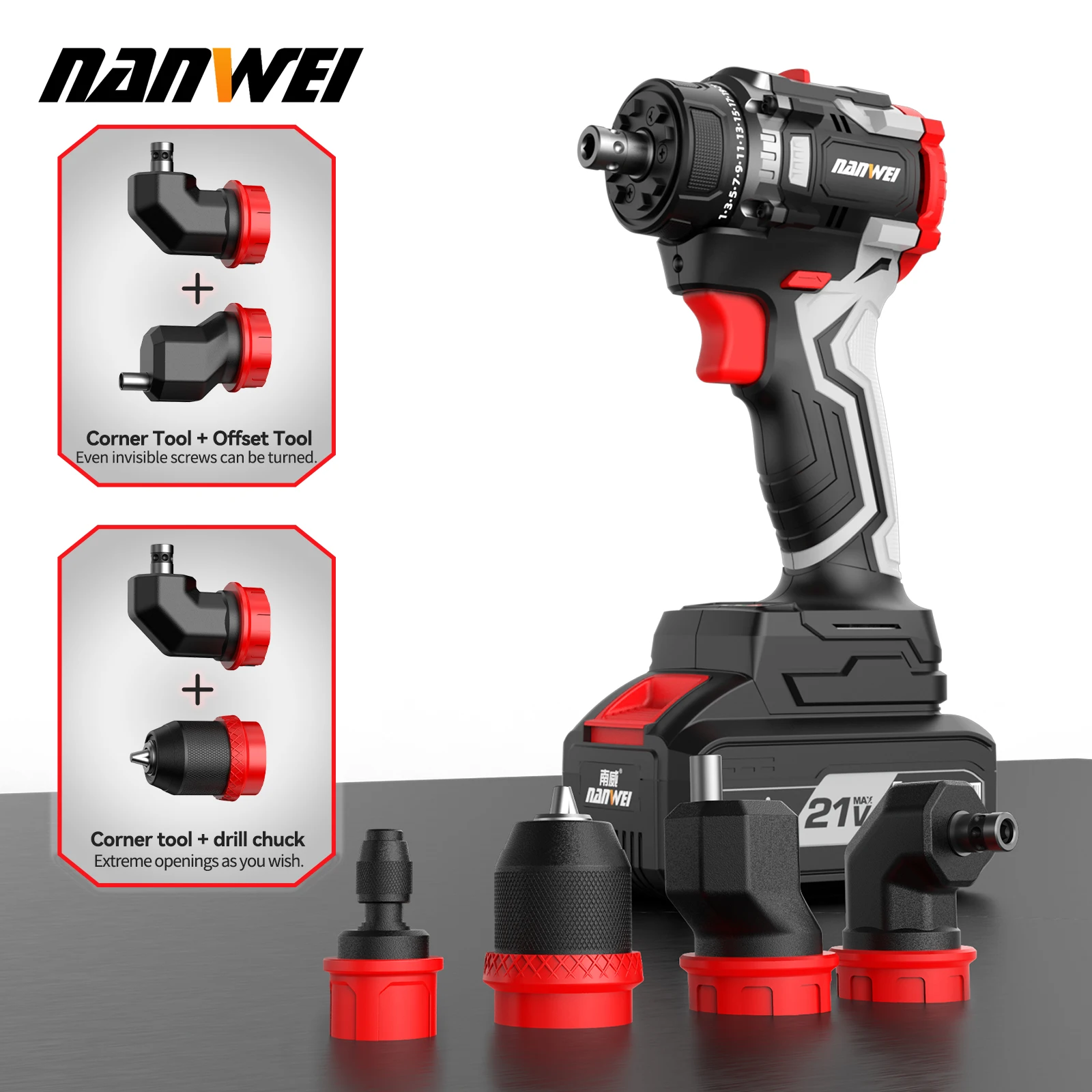 NANWEI 16.8V Cordless Brushless DIY Multi-head Electric Drill Multi-functional Drill with Quick-Change Clip for Home Use
NANWEI 16.8V Cordless Brushless DIY Multi-head Electric Drill Multi-functional Drill with Quick-Change Clip for Home Use