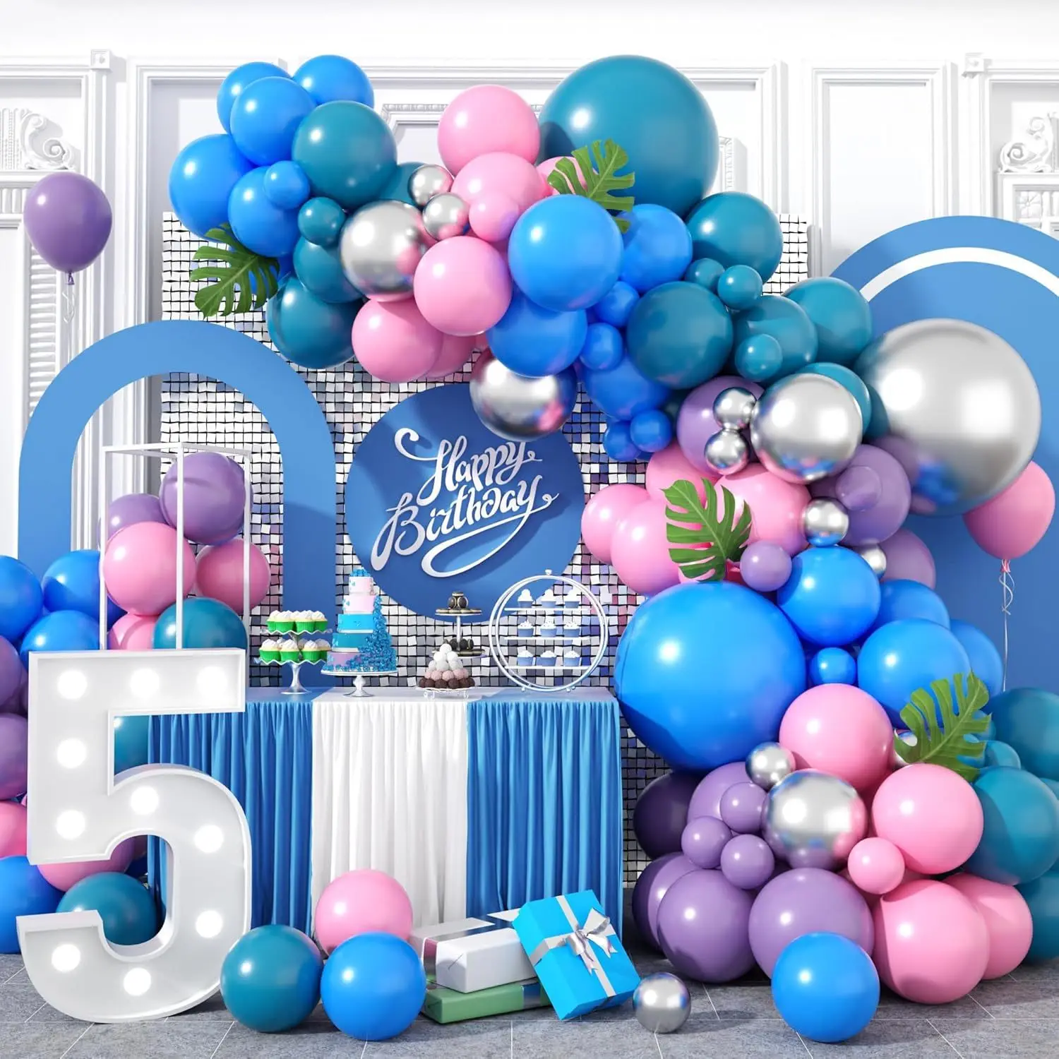 115pcs Purple Pink Blue Metallic Silver Balloon Arch Garland Kit for Birthday Decorations, Party Indoor and Outdoor Decorations
115pcs Purple Pink Blue Metallic Silver Balloon Arch Garland Kit for Birthday Decorations, Party Indoor and Outdoor Decorations