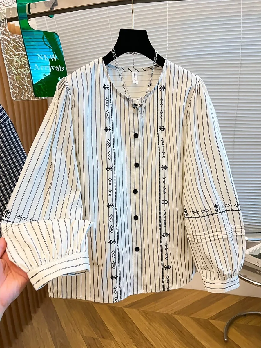 Korean Style round Neck Long Sleeve Striped Shirt Women's Casual Loose Versatile Embroidered Doll Top Cotton Shirt
Korean Style round Neck Long Sleeve Striped Shirt Women's Casual Loose Versatile Embroidered Doll Top Cotton Shirt