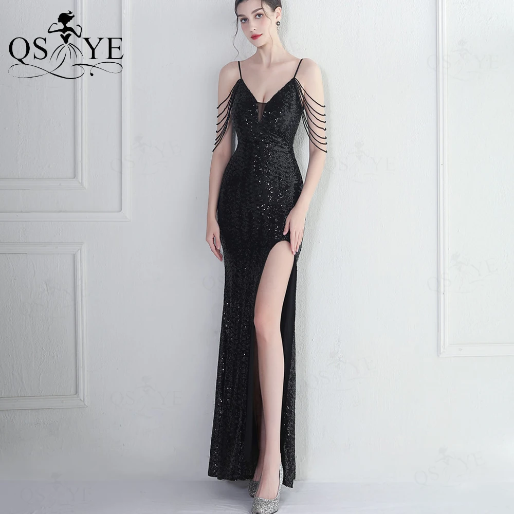 Black Sequin Long Prom Dresses Beadings Sexy Split Unique Pattern Evening Gown Beaded Spaghetti Straps V neck Black Party Dress
Black Sequin Long Prom Dresses Beadings Sexy Split Unique Pattern Evening Gown Beaded Spaghetti Straps V neck Black Party Dress