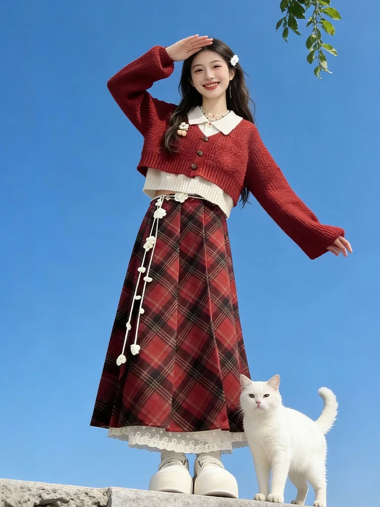 Sweet Style Red Knitted Sweater And Plaid Skirt Set Winter Fashion Women's High Waist Long Sleeve Warm Outfit Two Piece Set
Sweet Style Red Knitted Sweater And Plaid Skirt Set Winter Fashion Women's High Waist Long Sleeve Warm Outfit Two Piece Set
