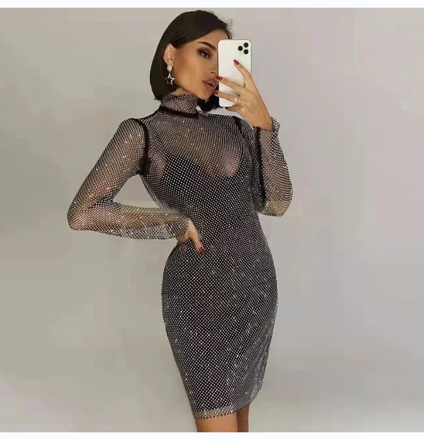Autumn New Rhinestone Sexy Slim Mid-length High Neck Dress Glitter Bottoming Skirt Party Dress Dresses
Autumn New Rhinestone Sexy Slim Mid-length High Neck Dress Glitter Bottoming Skirt Party Dress Dresses
