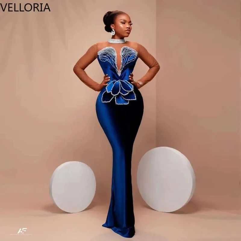 Navy Blue Satin Mermaid Gown for African Women Sheer Long Sleeve Beaded Applique Formal Prom Evening Dress Bodycon Customized
Navy Blue Satin Mermaid Gown for African Women Sheer Long Sleeve Beaded Applique Formal Prom Evening Dress Bodycon Customized