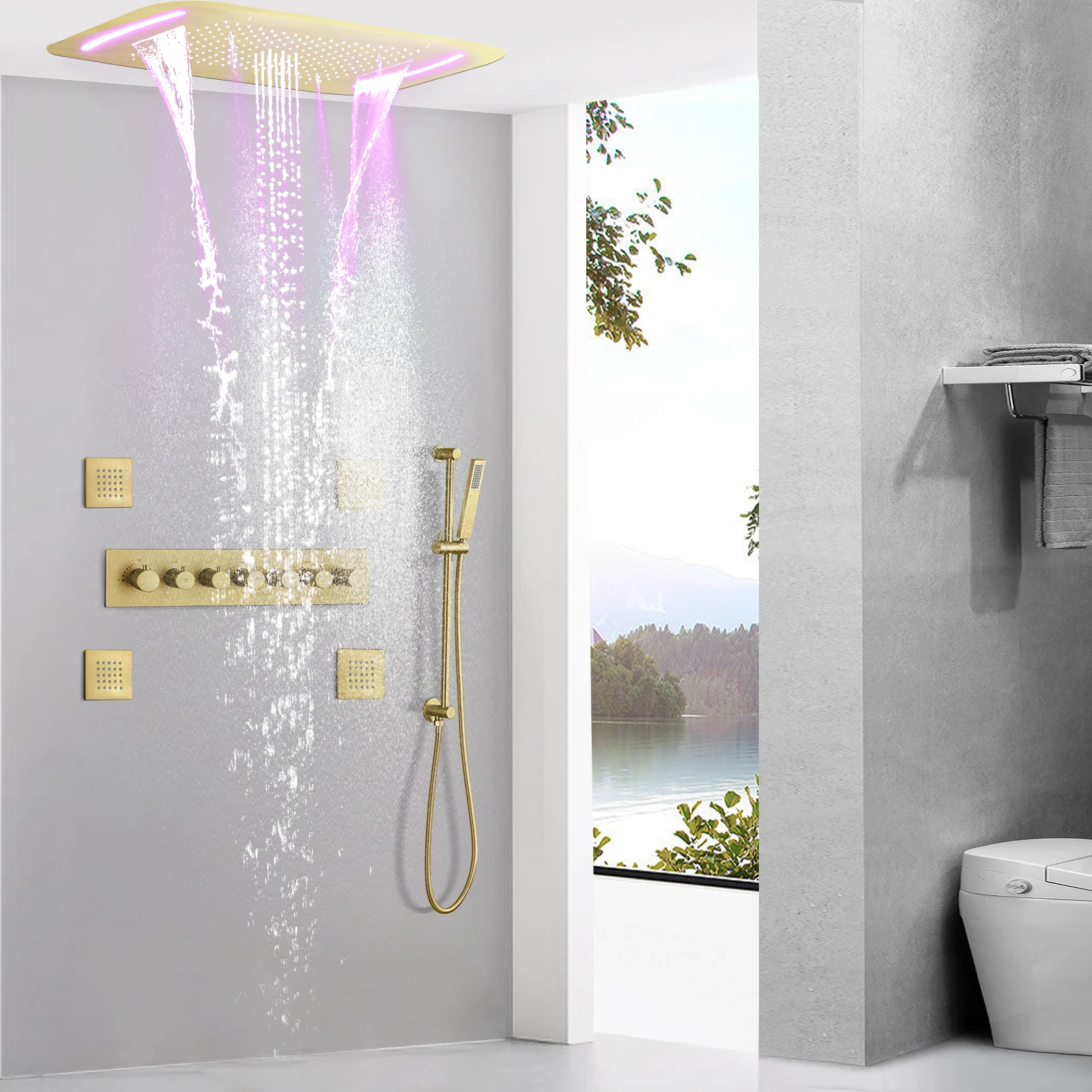 Bathroom Multifunctional LED Shower Head Matte Brushed Gold Thermostatic Embedded Ceiling Shower Faucet Set
Bathroom Multifunctional LED Shower Head Matte Brushed Gold Thermostatic Embedded Ceiling Shower Faucet Set