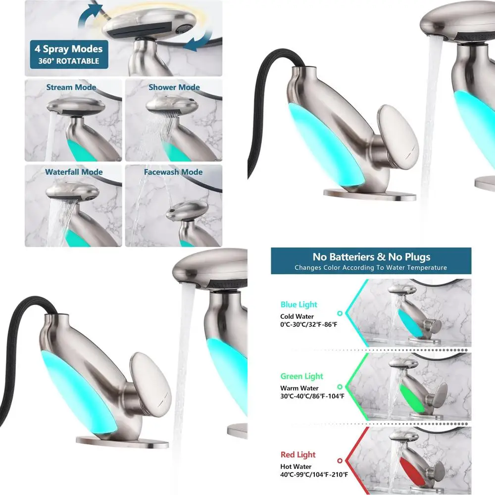4-режимный светодиодный смеситель-водопад с одной ручкой, 3-цветный свет, 360° ° Поворотный приспособление для раковины из матового никеля
4-режимный светодиодный смеситель-водопад с одной ручкой, 3-цветный свет, 360° ° Поворотный приспособление для раковины из матового никеля