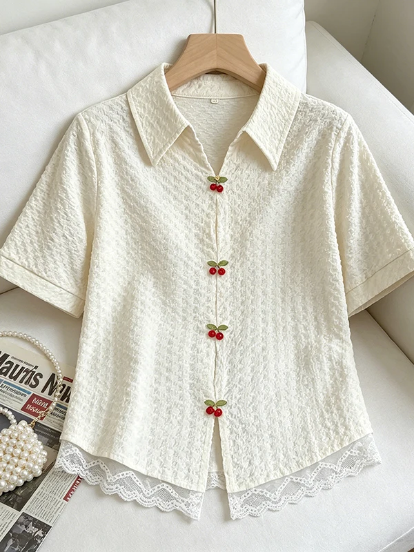 plus Size Summer Shirt V-Neck Short Sleeve Women's Lace Hem Cherry Print Korean Style Breathable Comfortable Casual Top
plus Size Summer Shirt V-Neck Short Sleeve Women's Lace Hem Cherry Print Korean Style Breathable Comfortable Casual Top